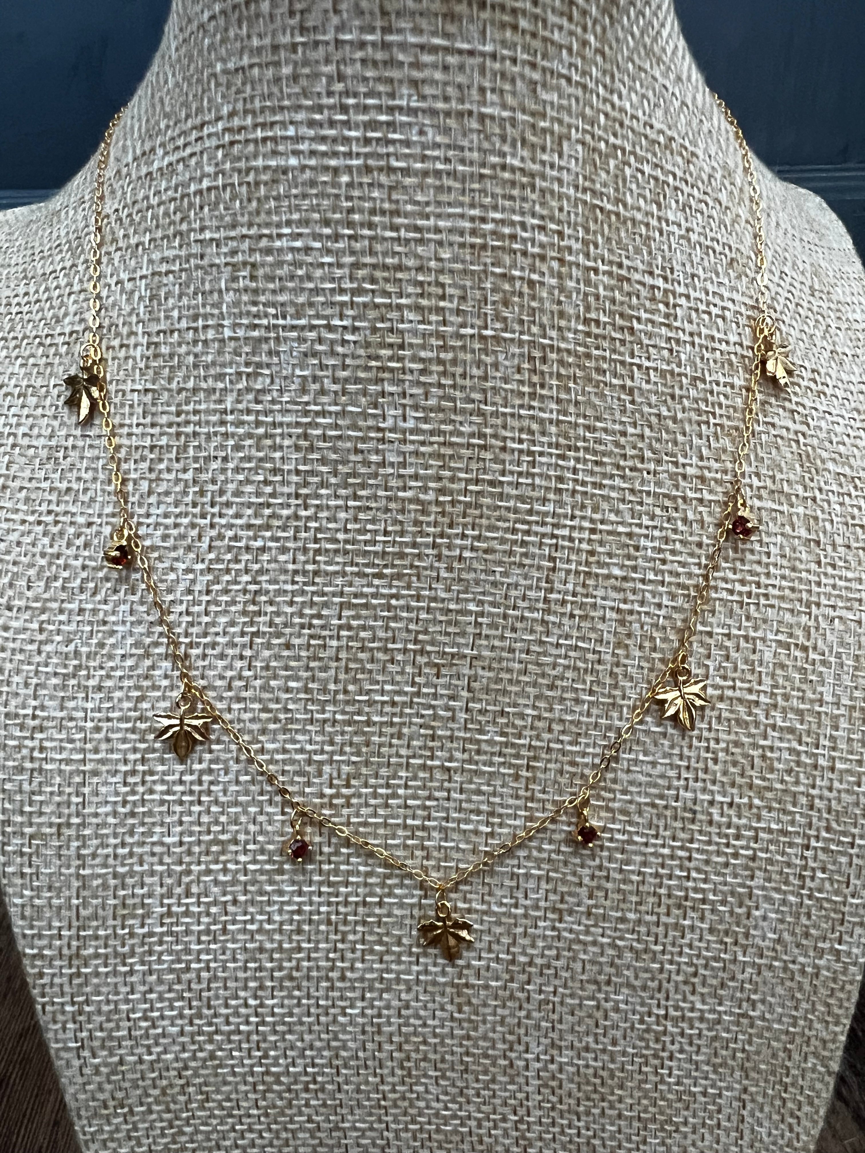 Gold & Garnet Fall Leaf Necklace A54