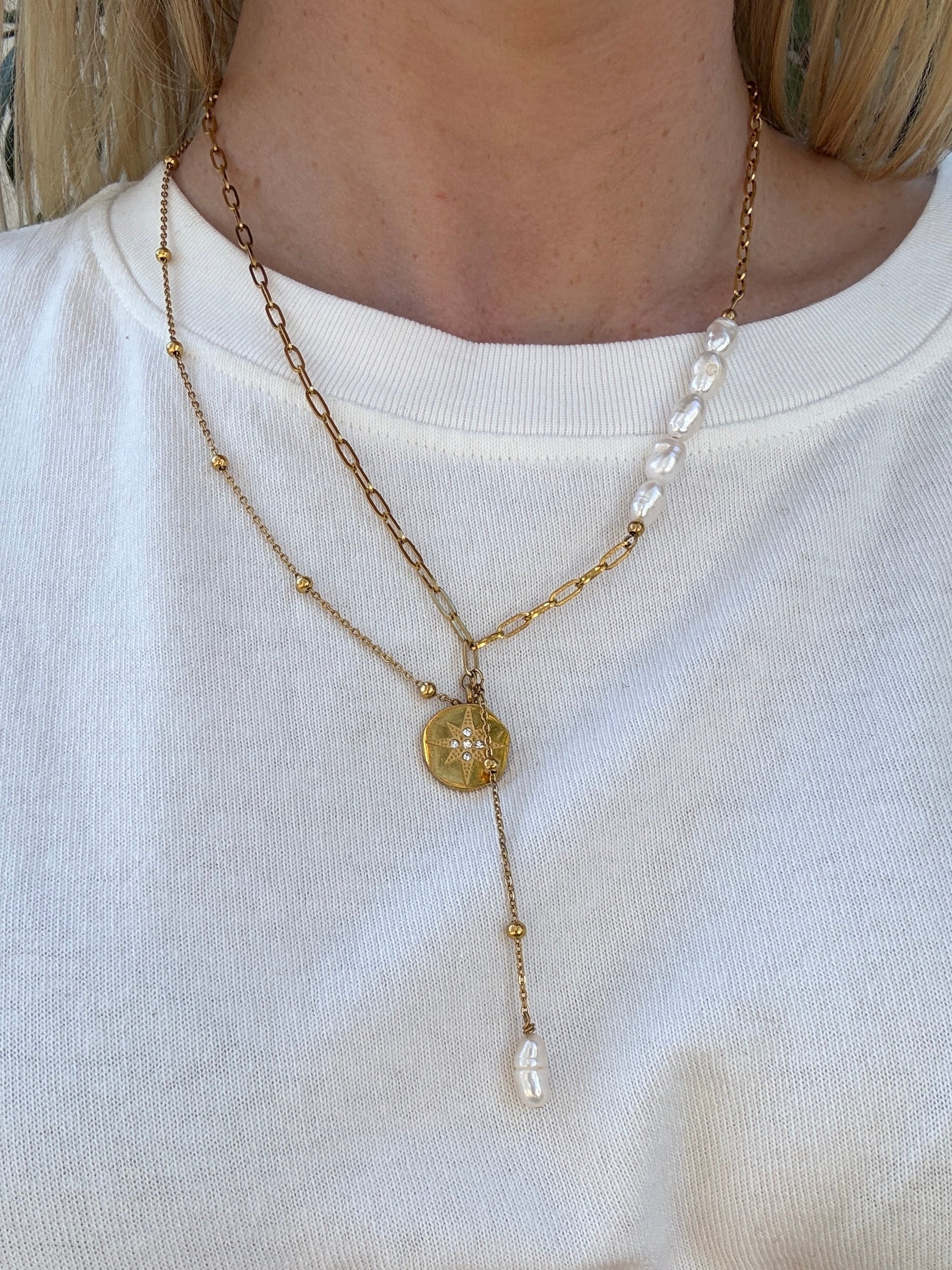 Gold Asymmetrical Pearls & Star Charm A9