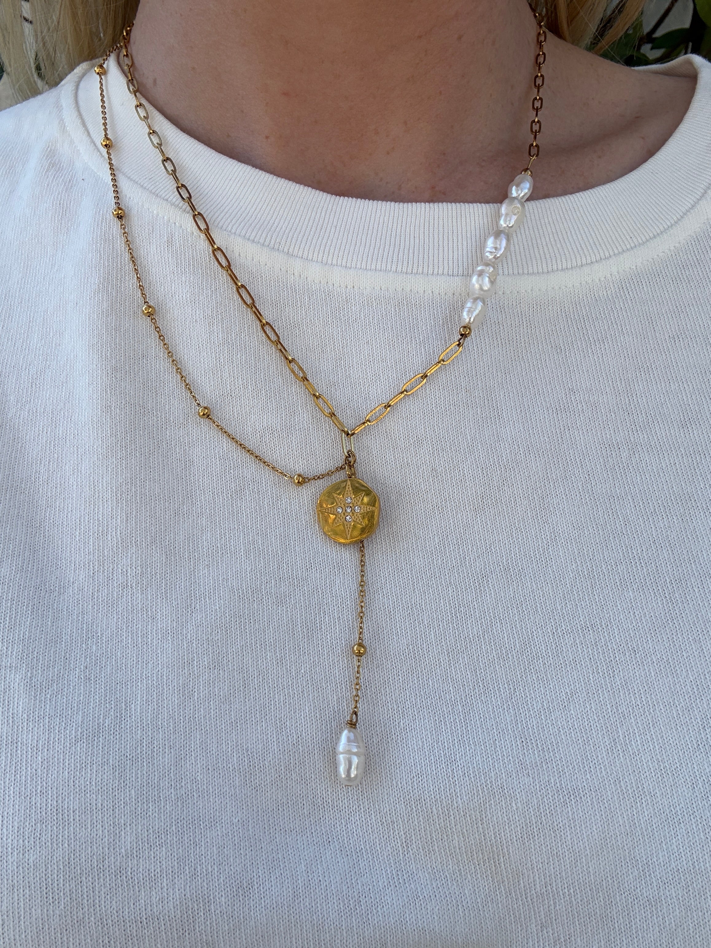 Gold Asymmetrical Pearls & Star Charm A9