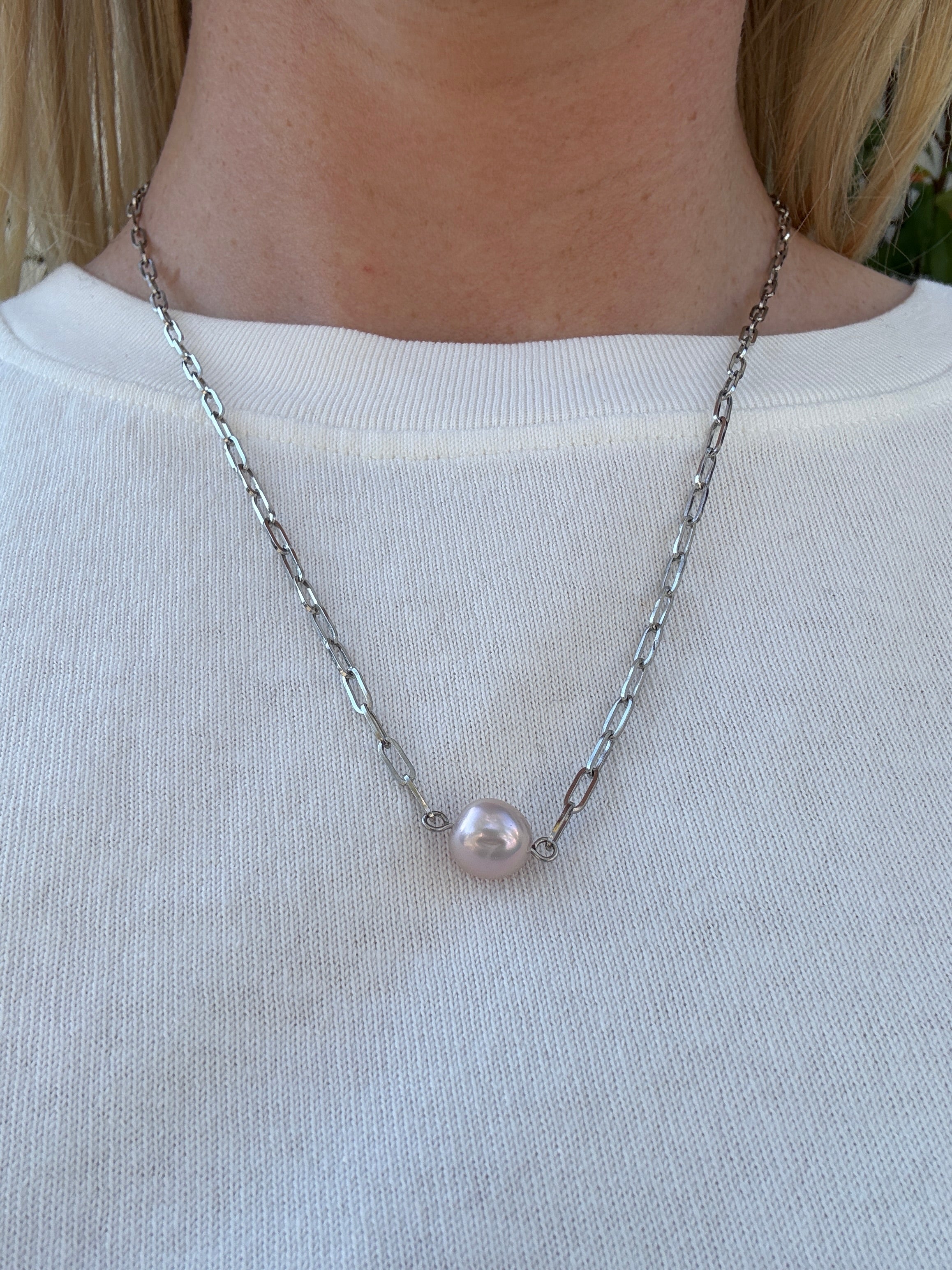 Silver Paper Clip Chain And Pearl A24