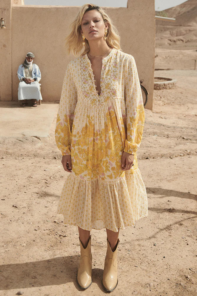 Yellow Rose Boho Midi Dress