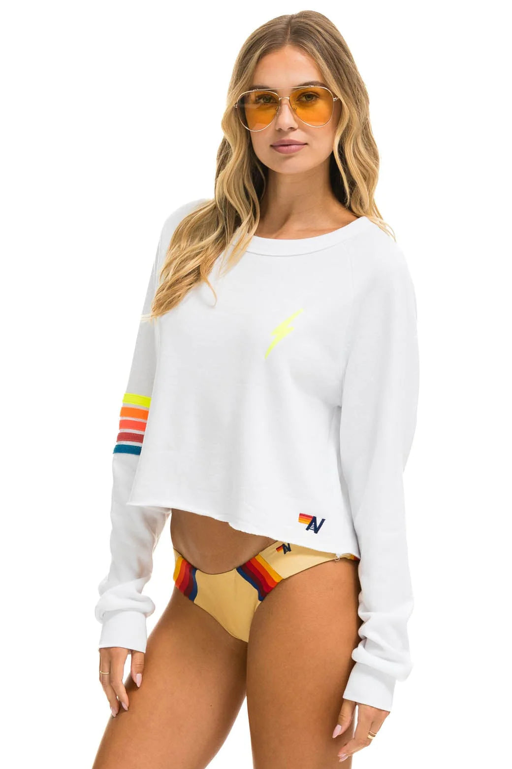 White Bolt Rugby Stitch Cropped Crew Sweatshirt