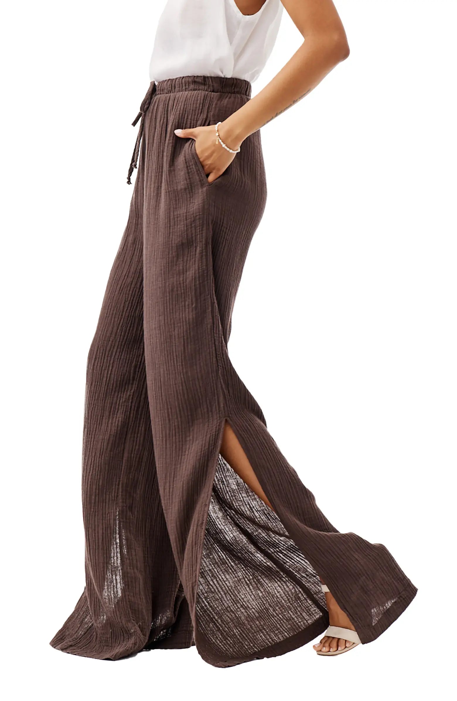 Brown Side Slit Wide Leg Pants