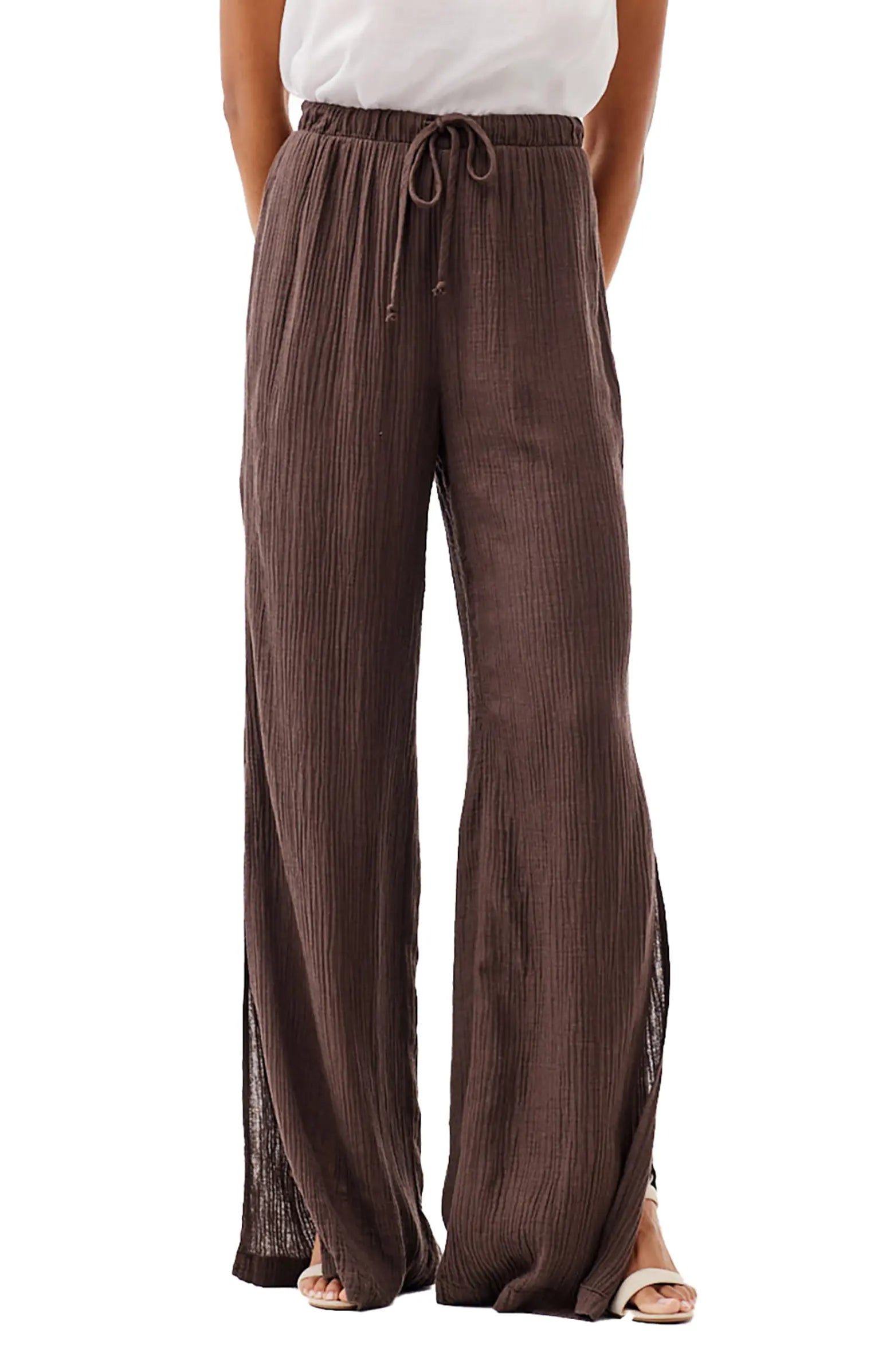 Brown Side Slit Wide Leg Pants