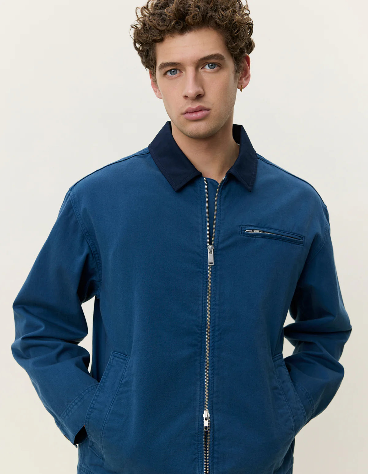 Dark Denim Blue Twill Zipper Jacket