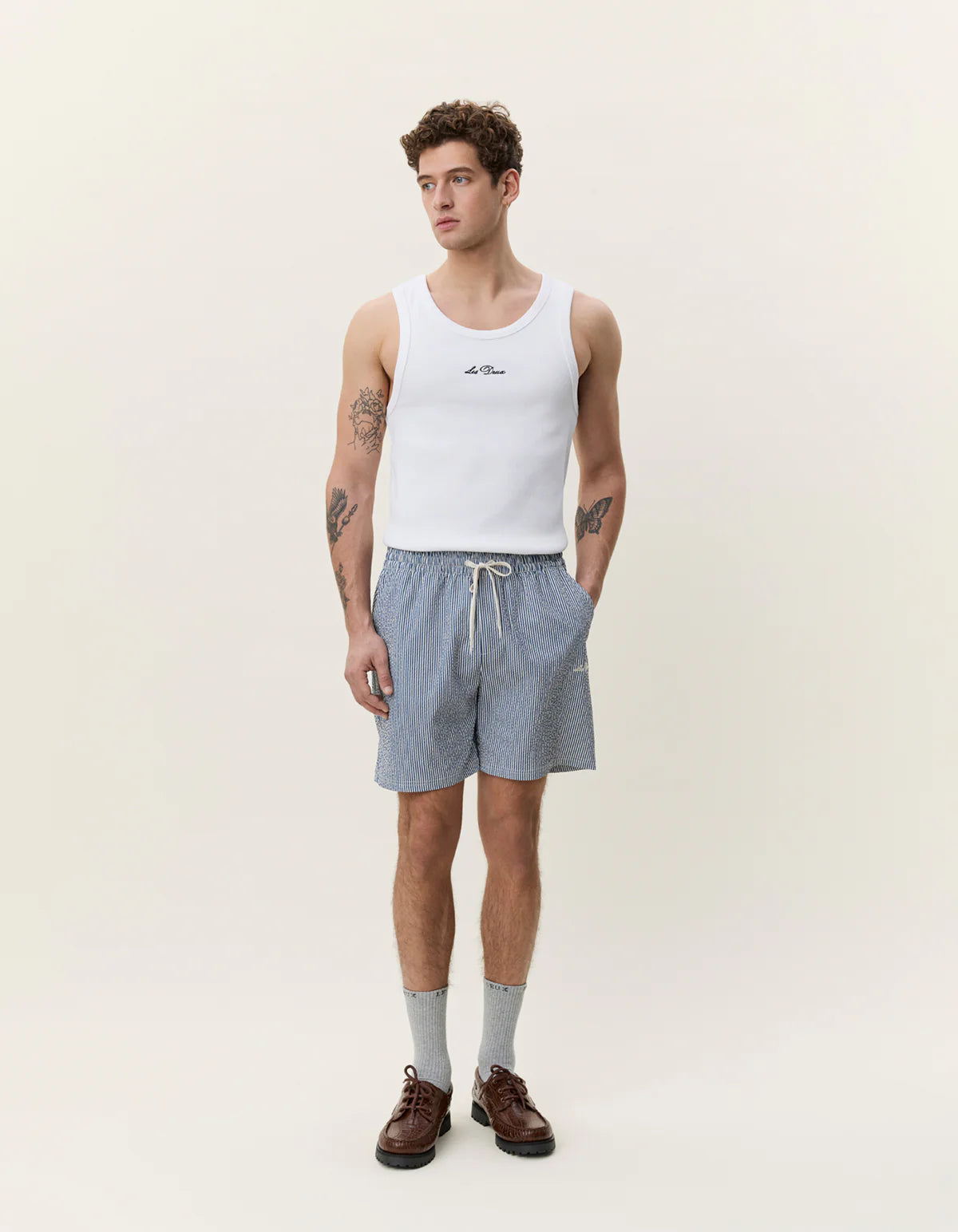 Denim Blue Stripe Seersucker Swim Shorts