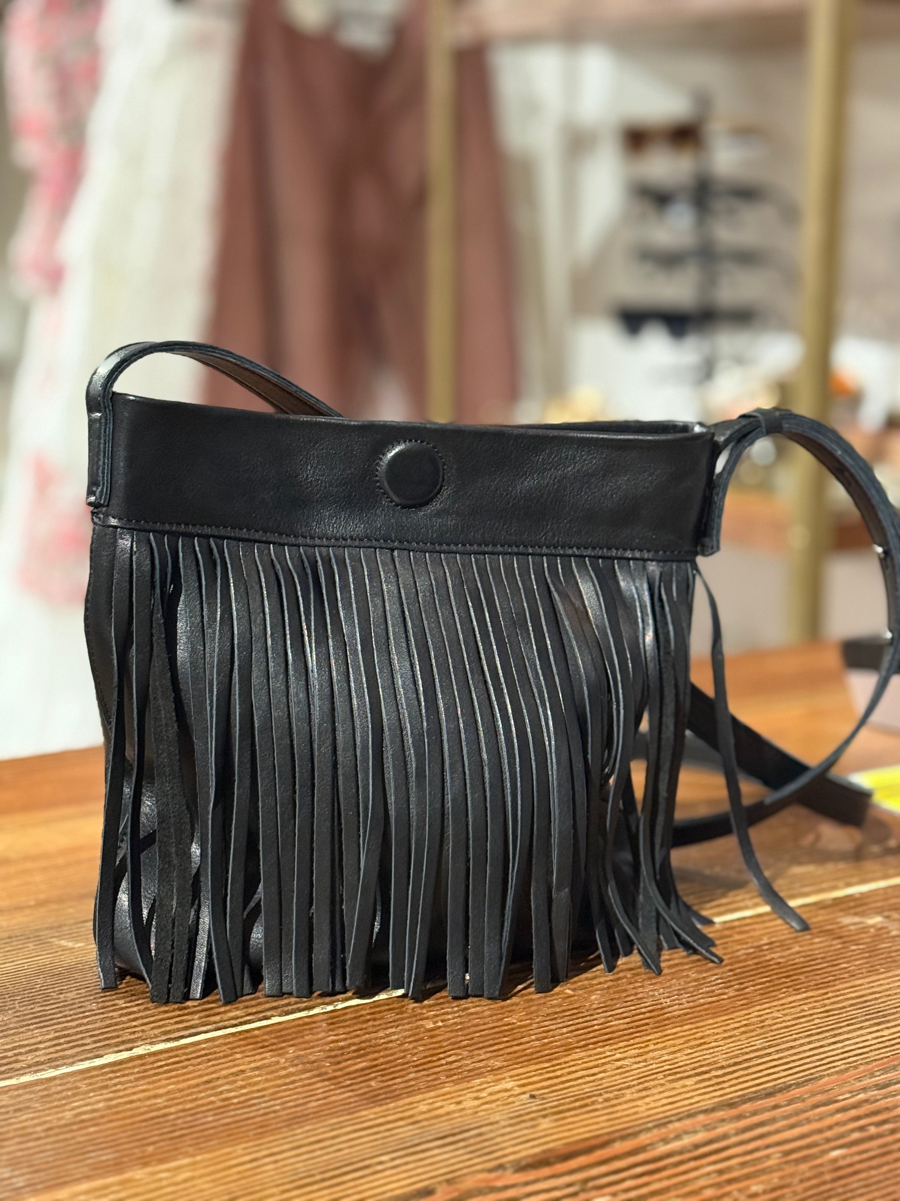 Black Front Fringe Mini Crossbody Tote