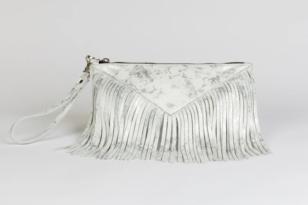White Silver Metallic Fringe Clutch