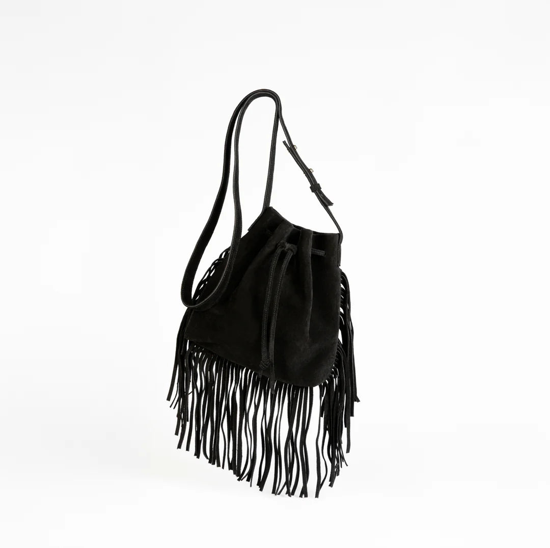 Black 3 Sided Suede Fringe Mini Crossbody