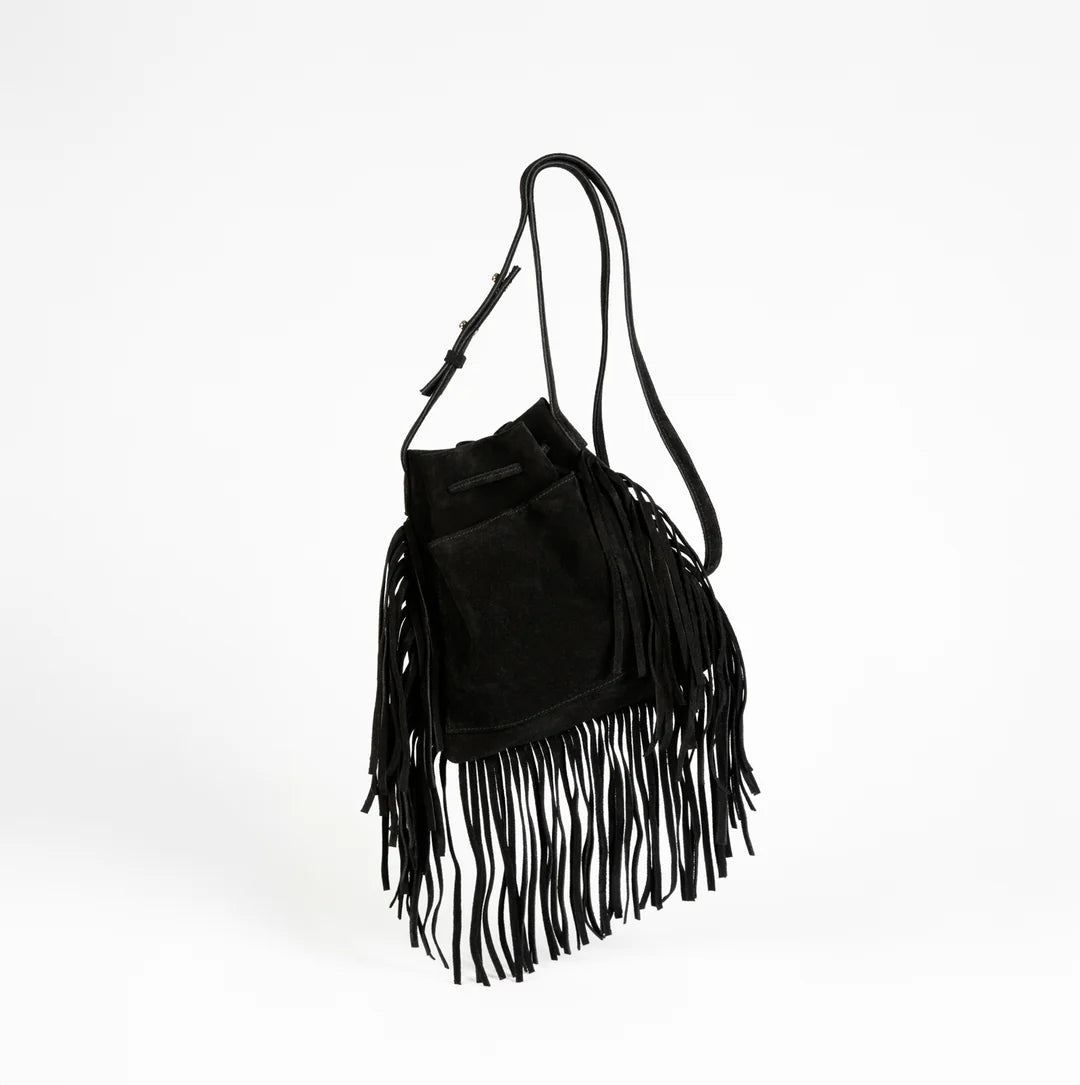 Black 3 Sided Suede Fringe Mini Crossbody