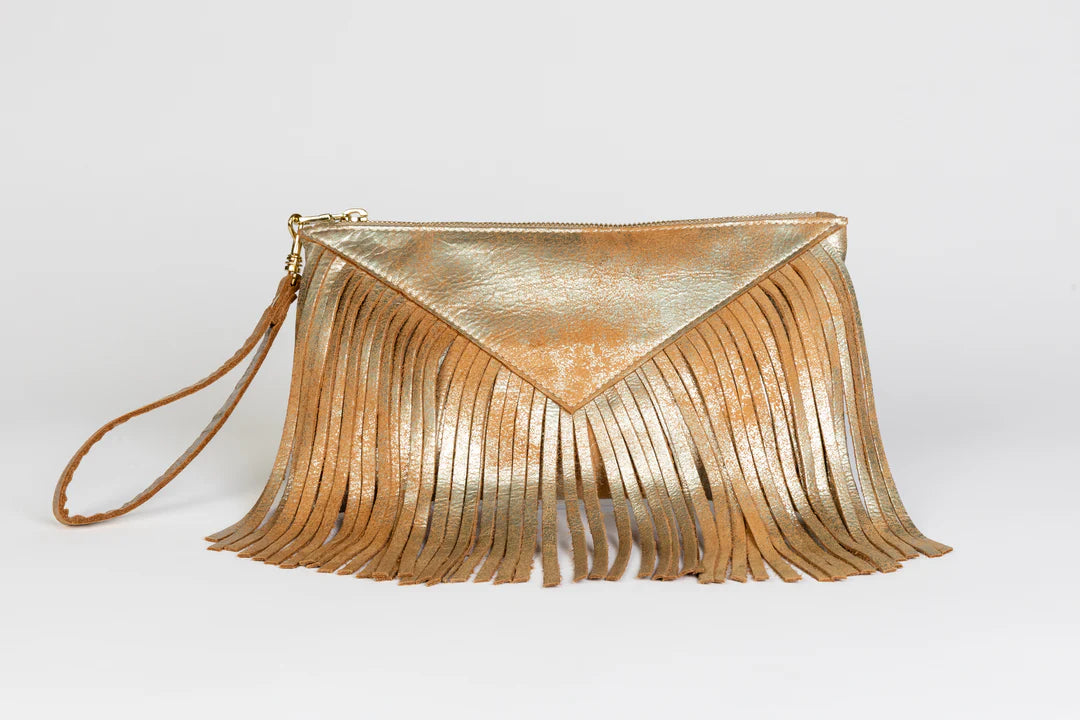 Blush Gold Metallic Fringe Clutch