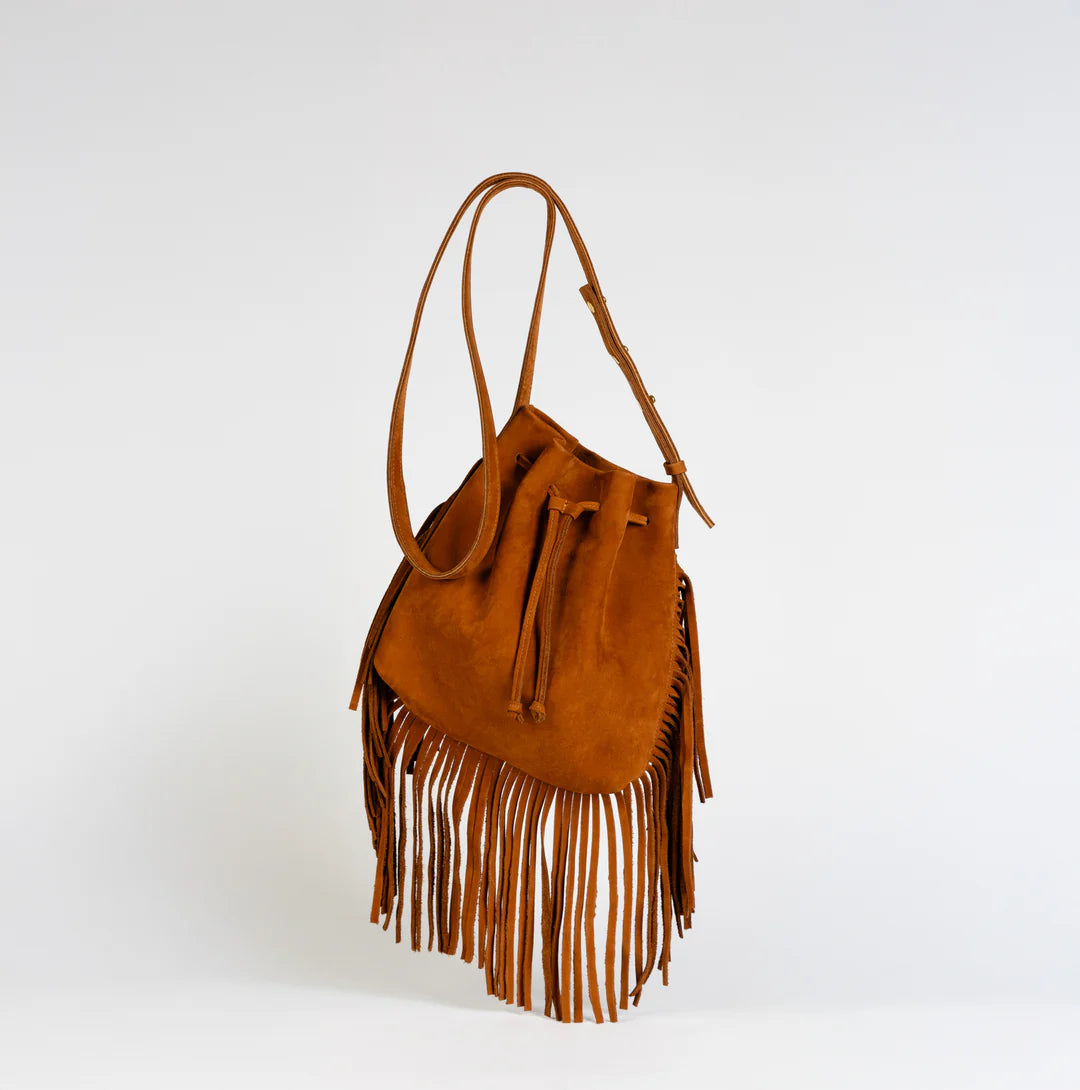 Cognac Suede Fringe Mini Crossbody Tote