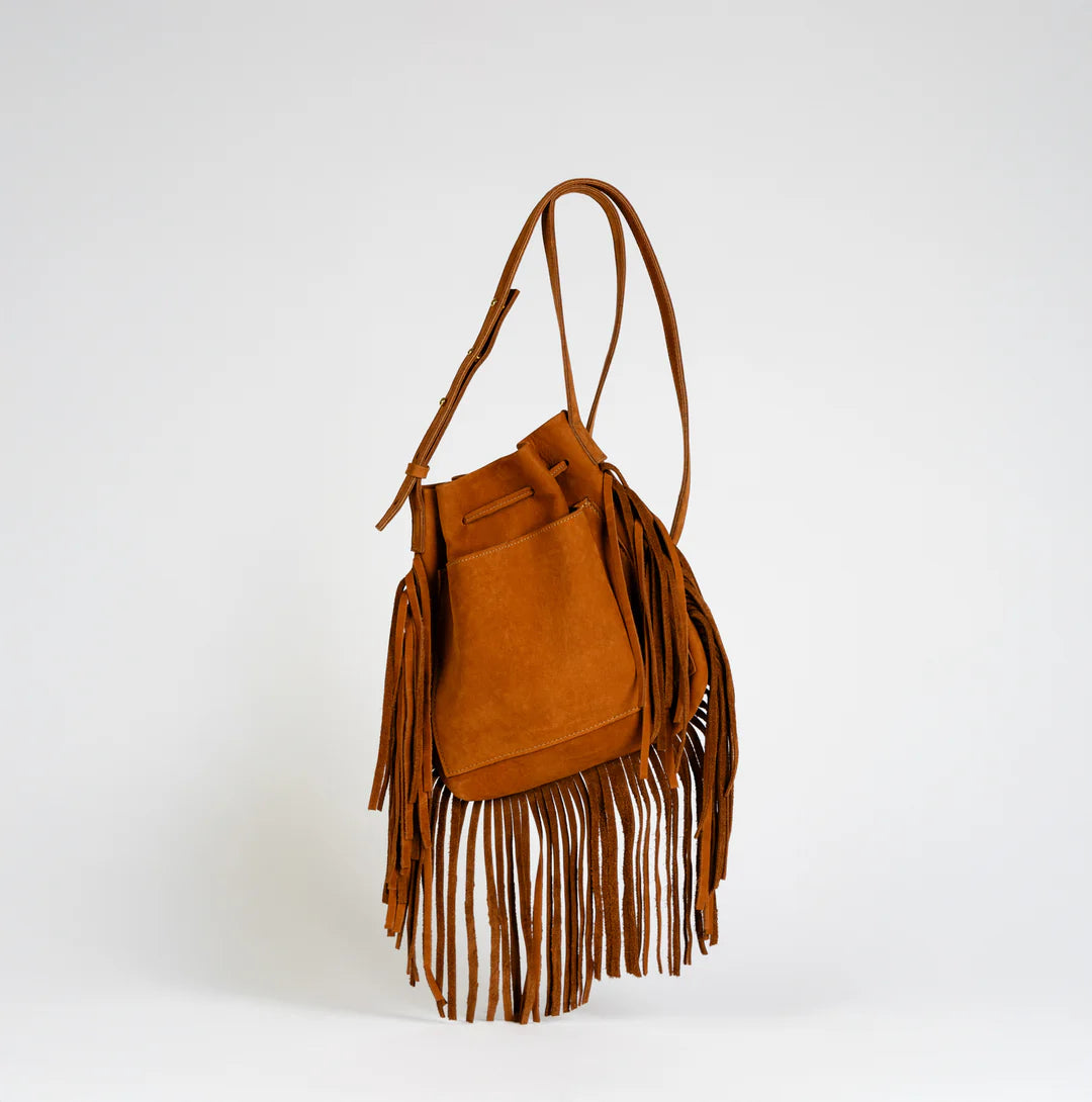 Cognac Suede Fringe Mini Crossbody Tote