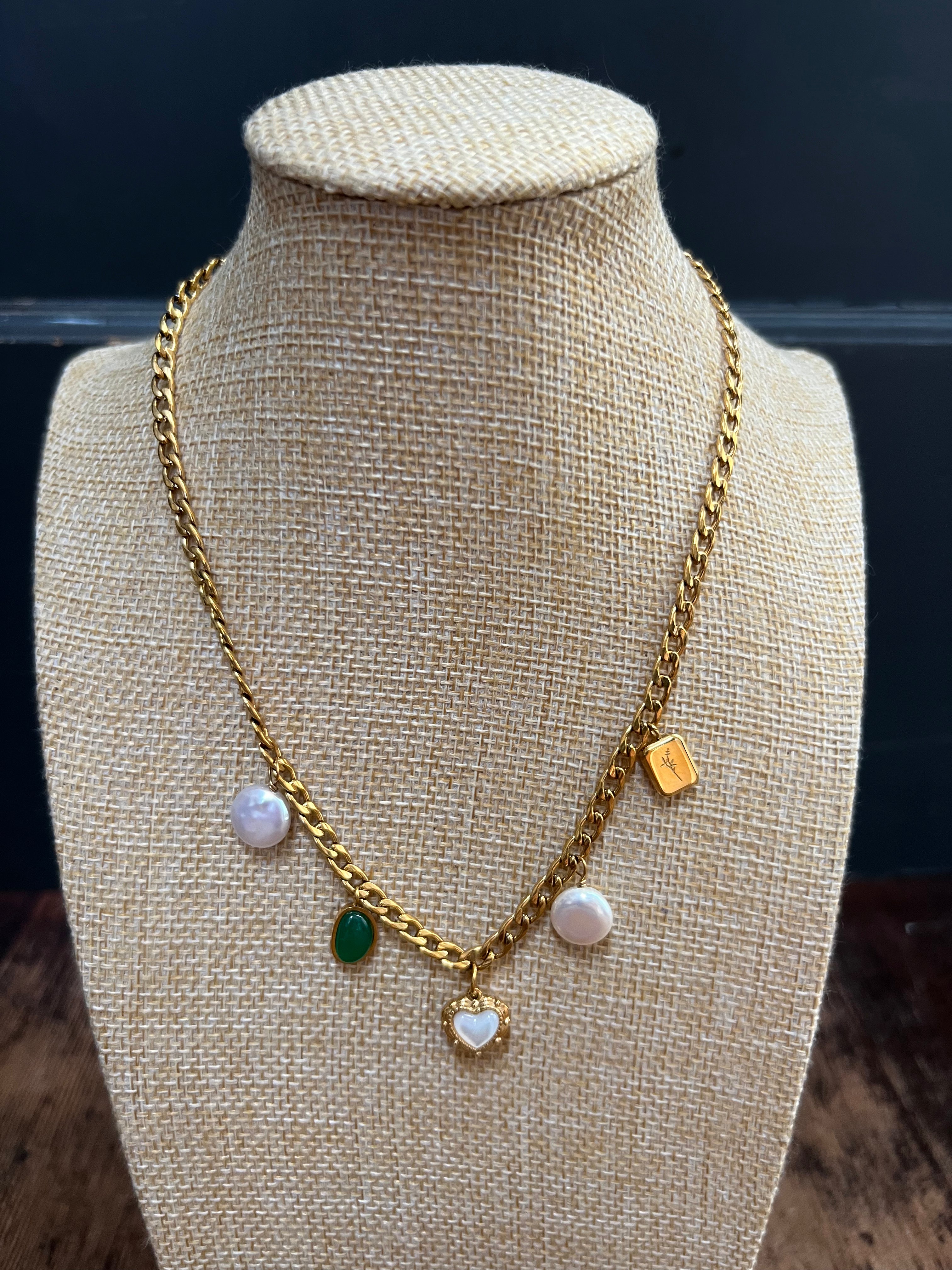 Gold Pearl Charm Necklace A10