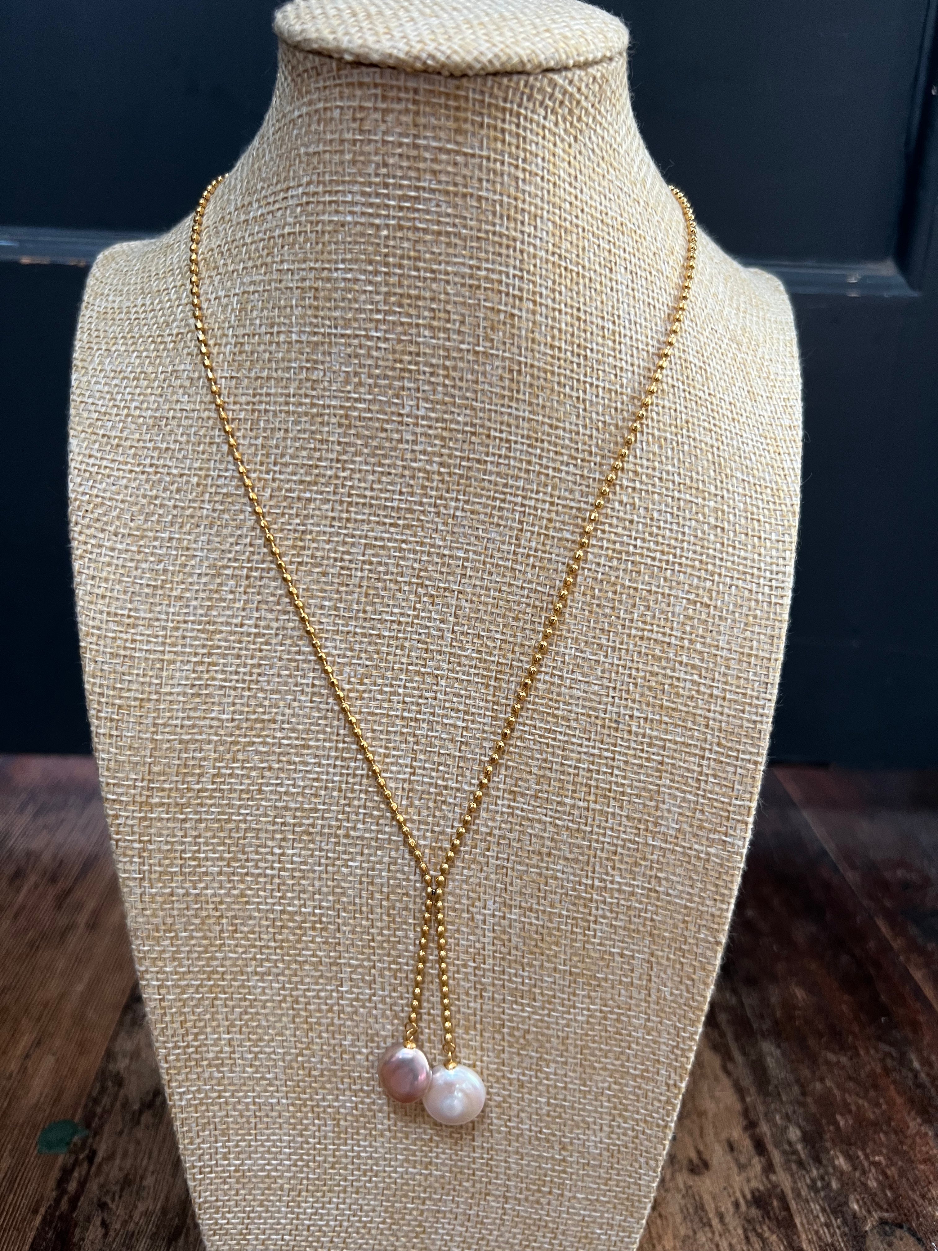 Gold Beaded Chain Double Pearl A12