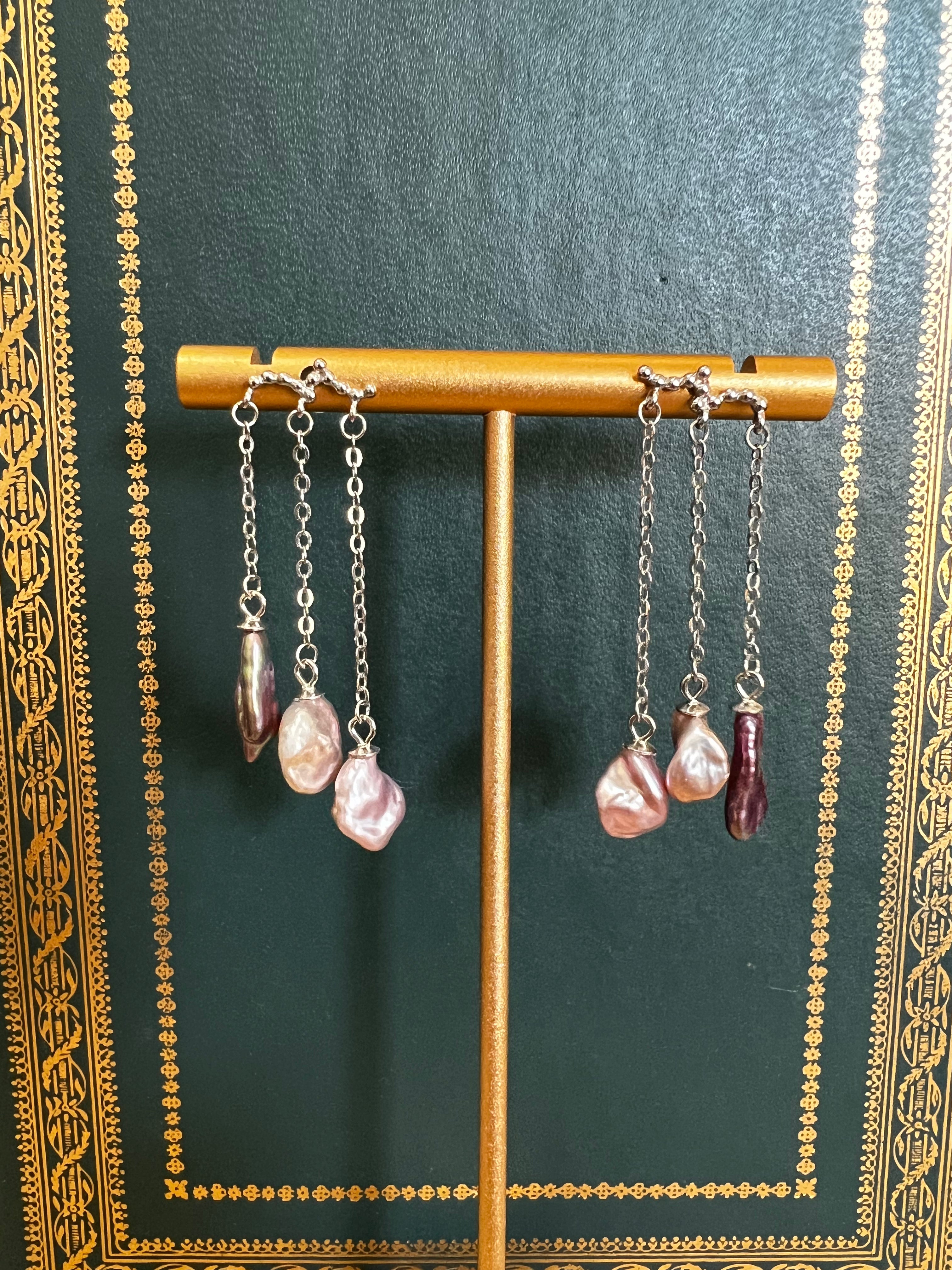 Silver Triple Drop Dark Pearl Stud Earrings A38