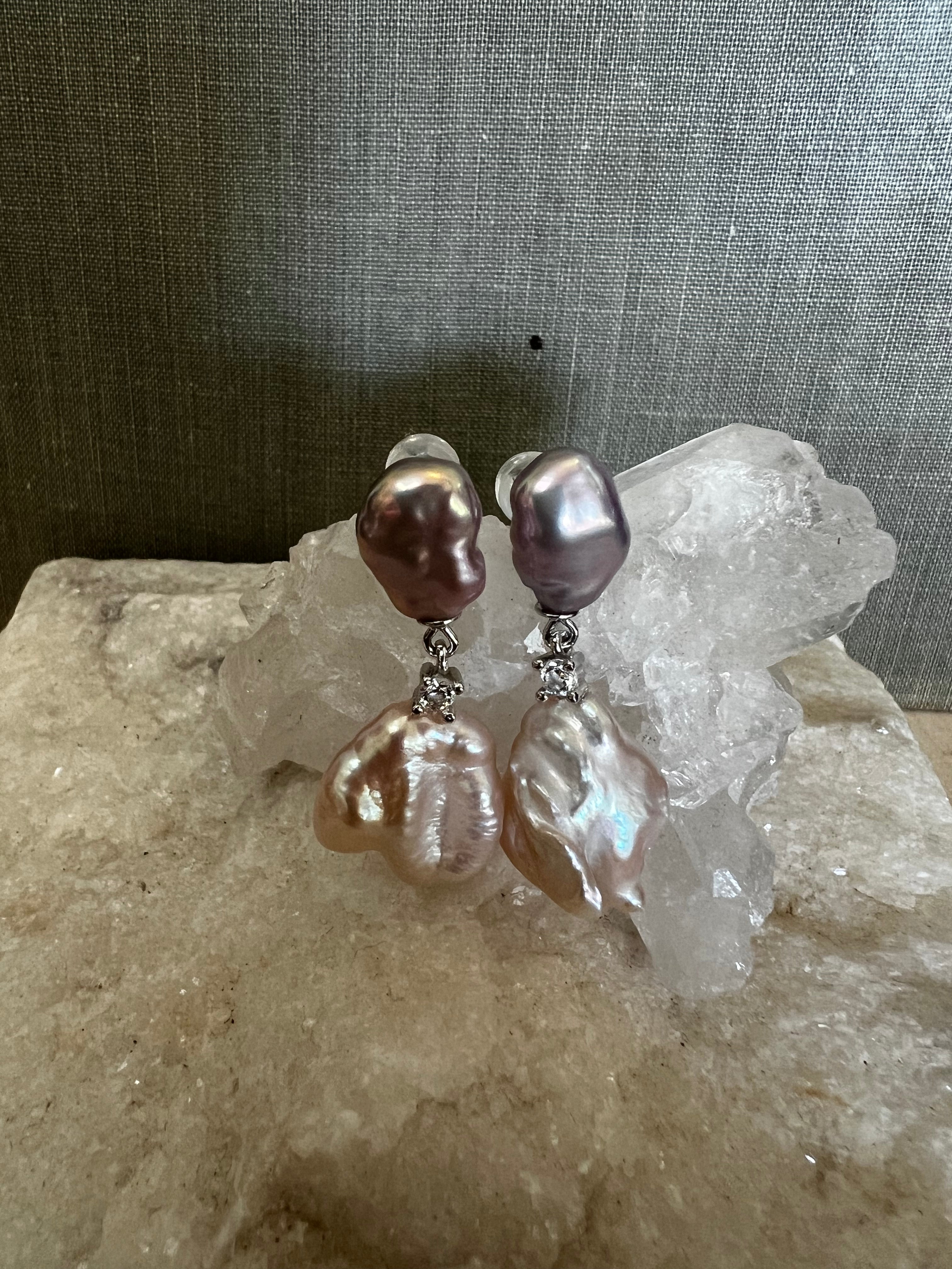 Silver Double Drop Baroque Pearl Pink Mixed Studs A37