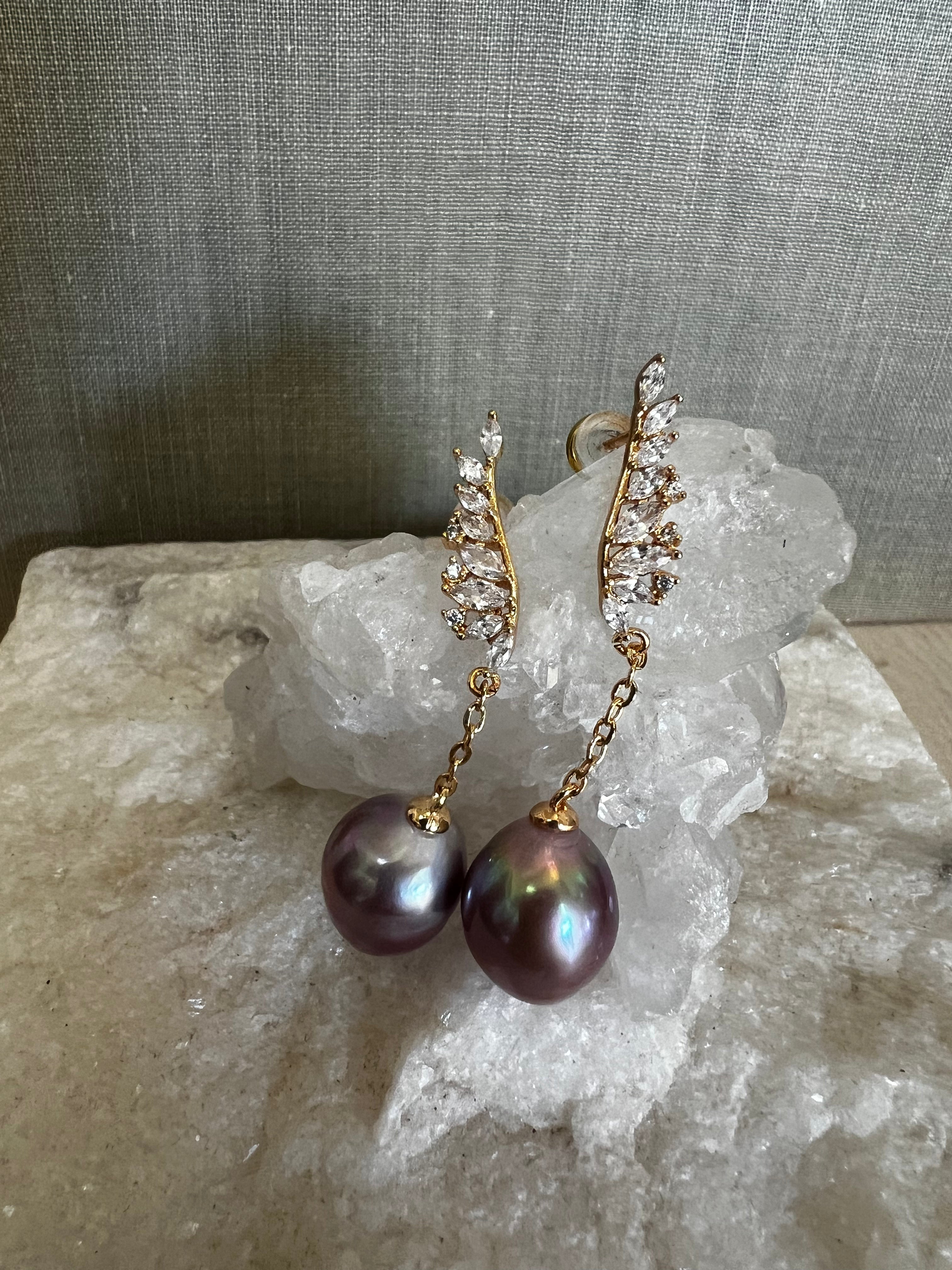 Gold Angel Wing Drop Pearl Stud Earrings A30