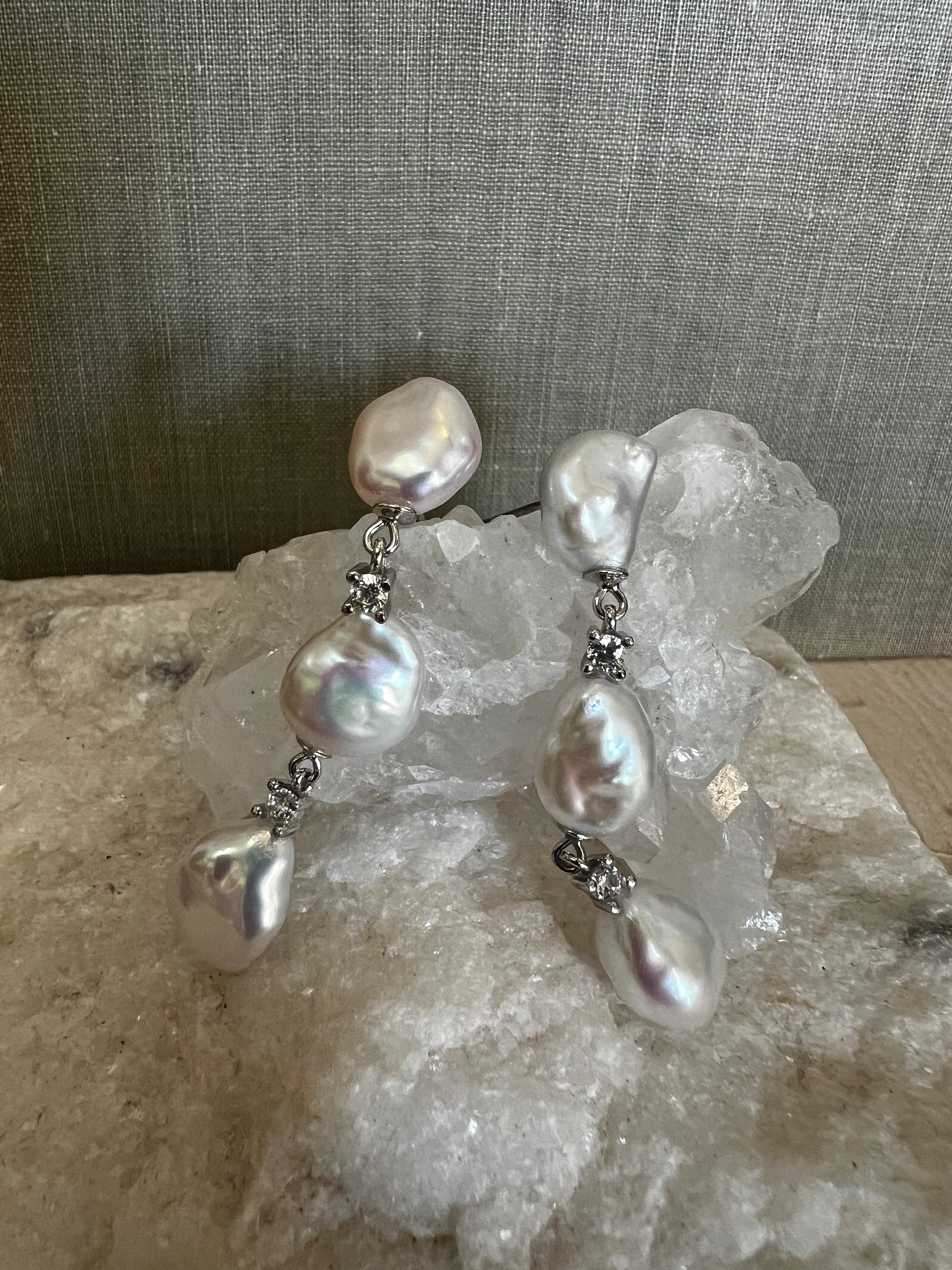 Silver Triple Drop Baroque Pearl Studs A32