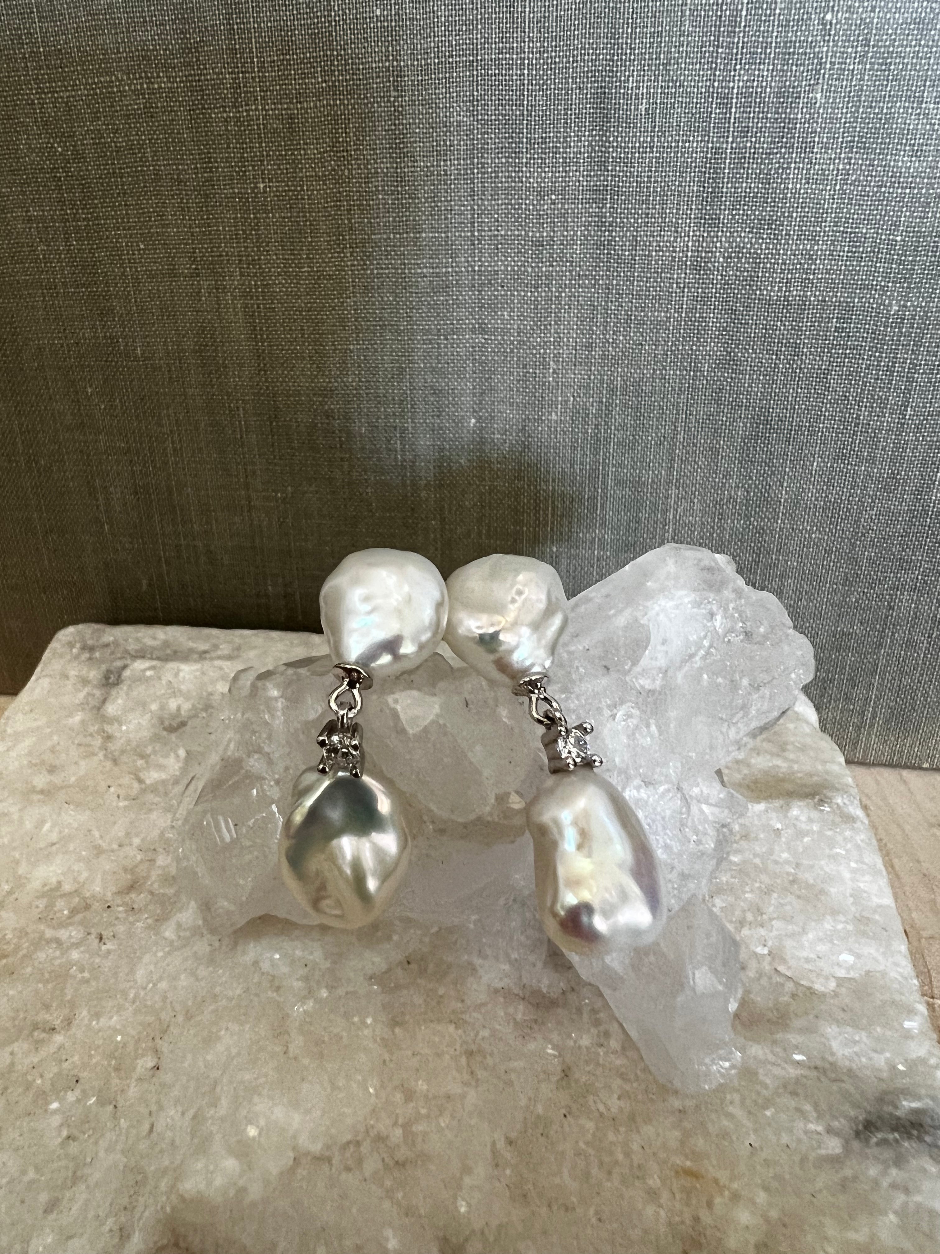 Silver Double Drop Baroque Pearl Studs A34