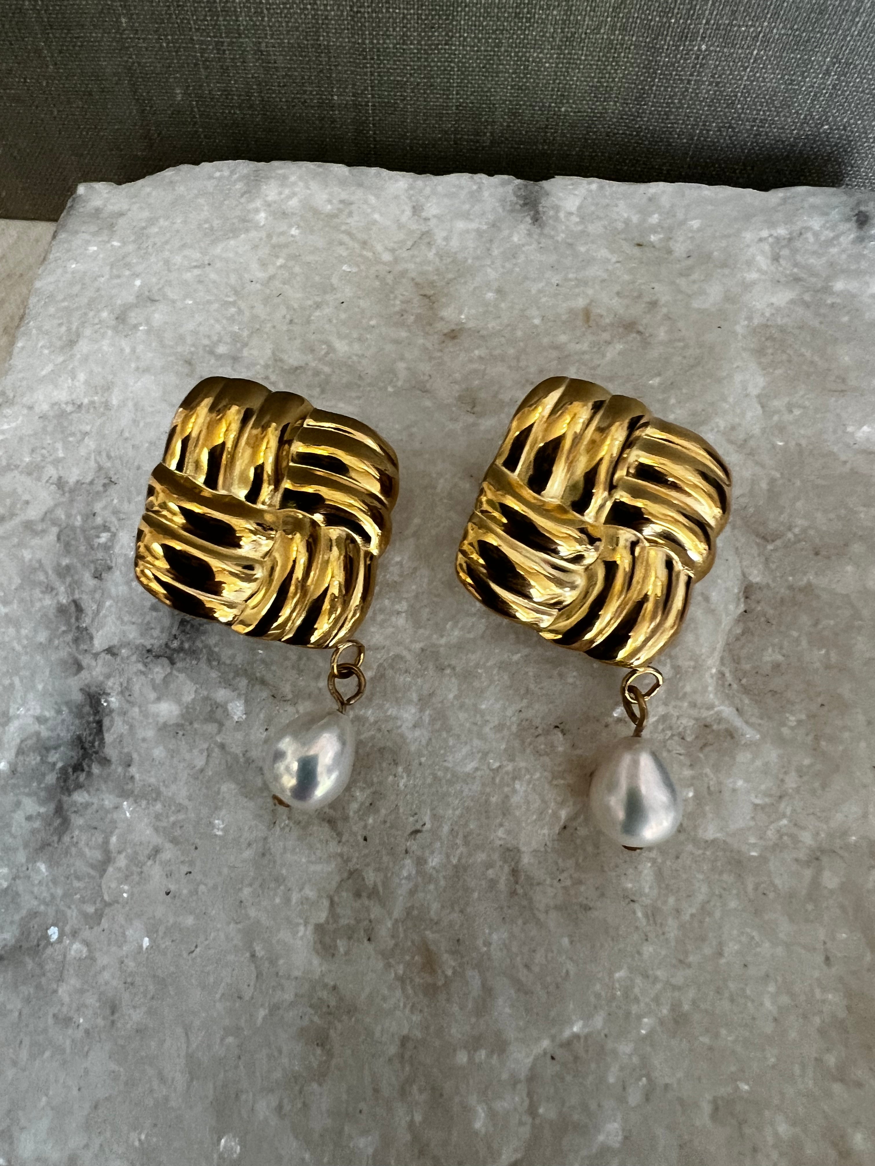 Gold Knit Square Drop Pearl Studs A35