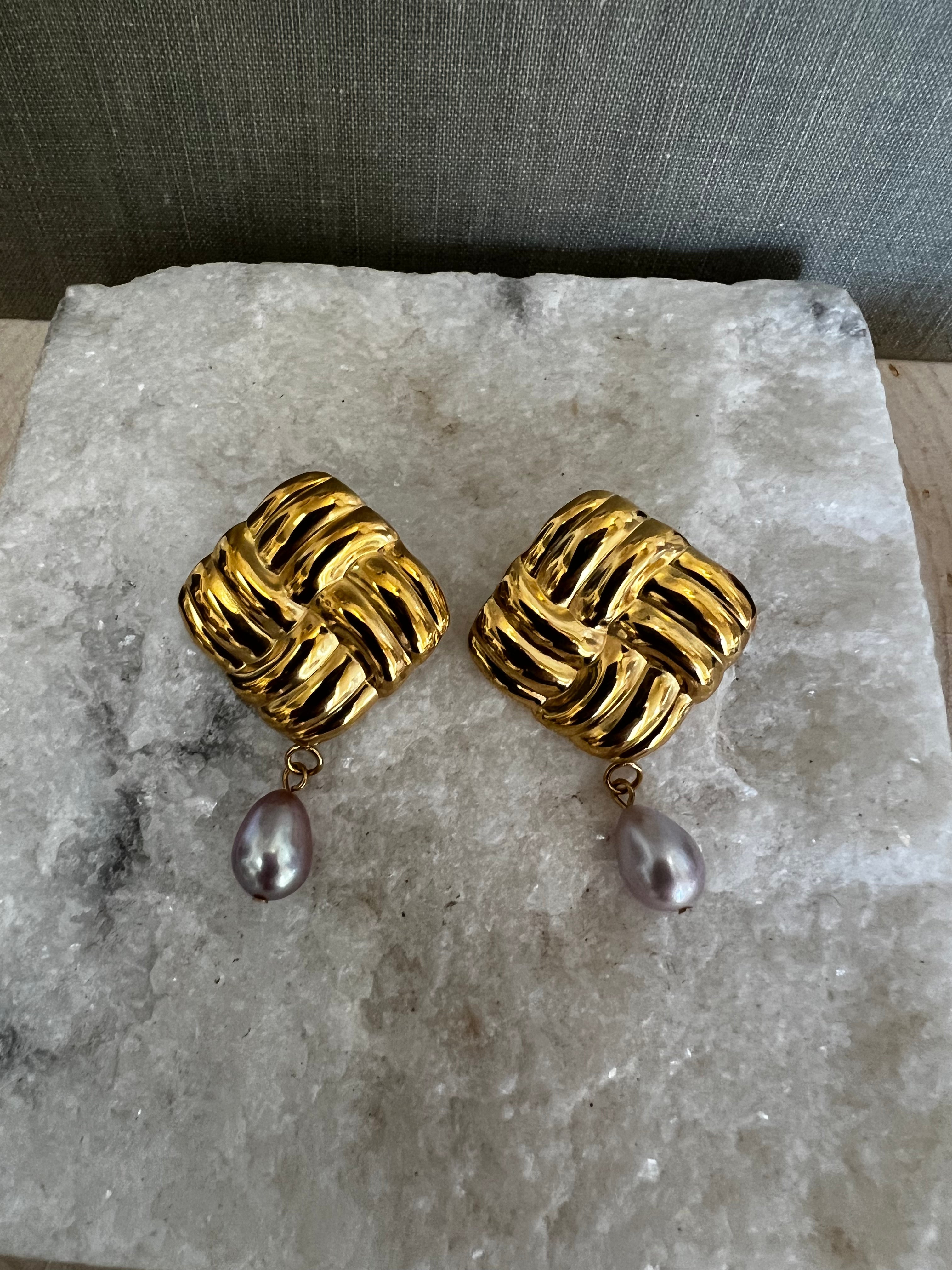 Gold Knit Square Drop Pearl Studs A35