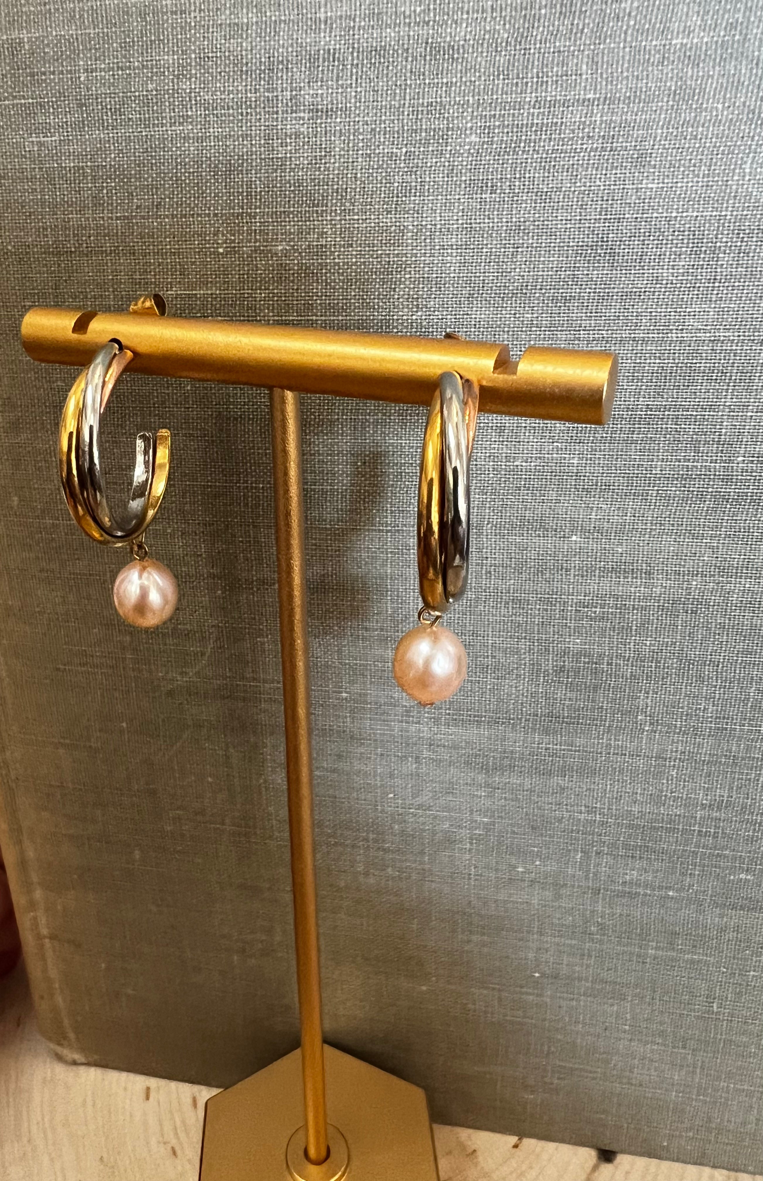 Mixed Silver/Gold/Rose Drop Pearl Hoops A33