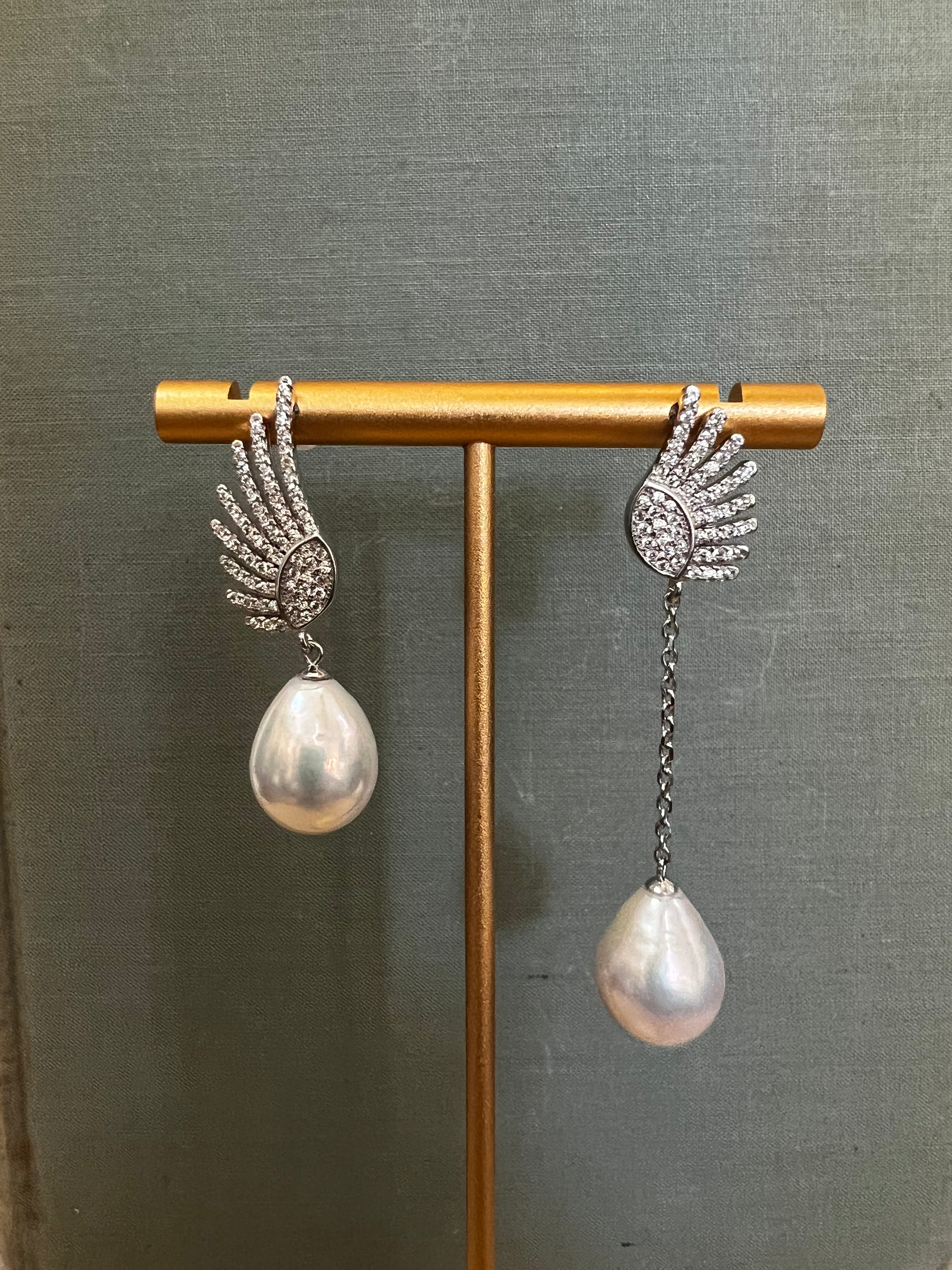 Silver Angel Wing Drop Pearl Studs A36