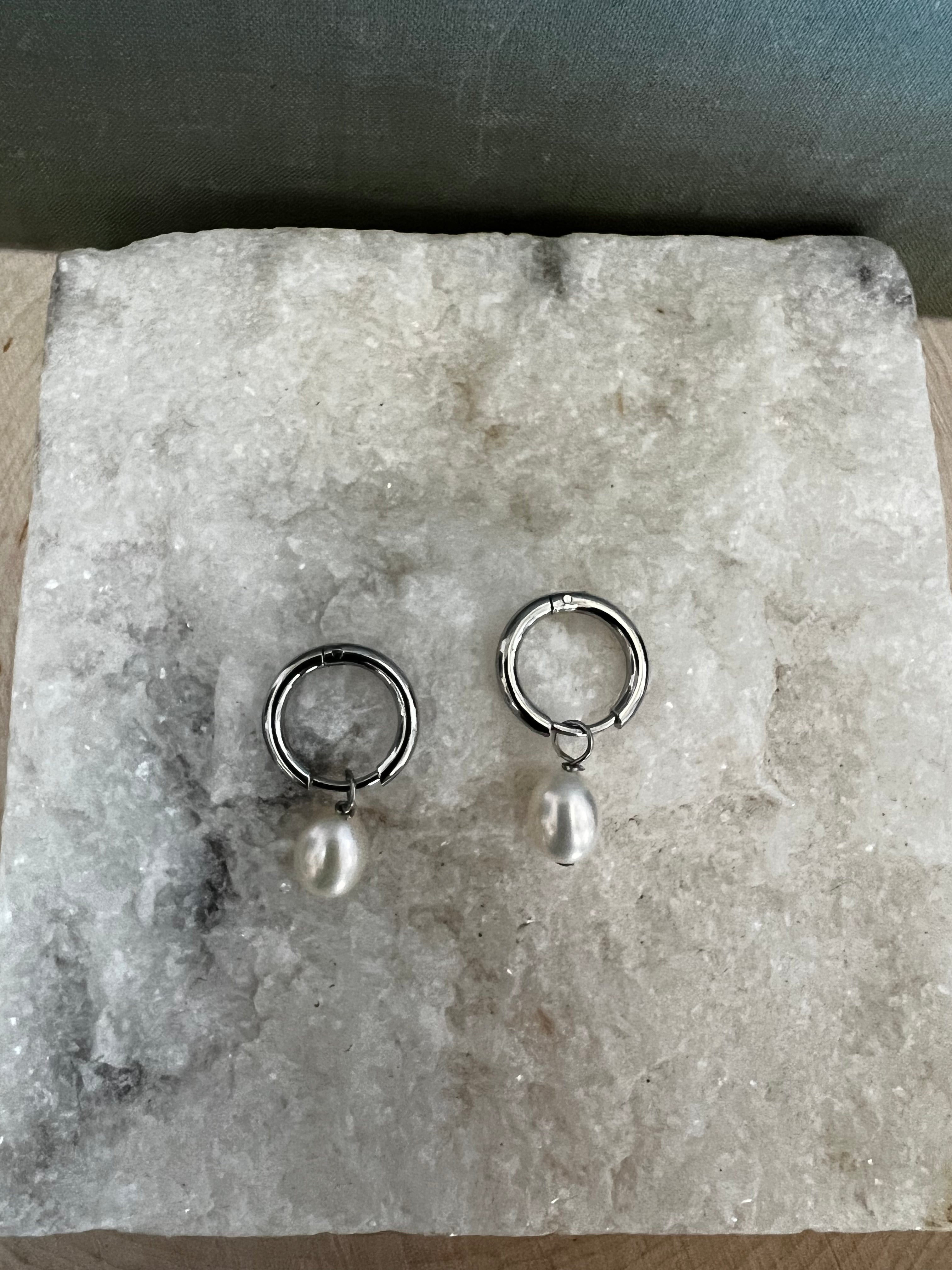 Silver Small White Pearl Drop Huggie A41