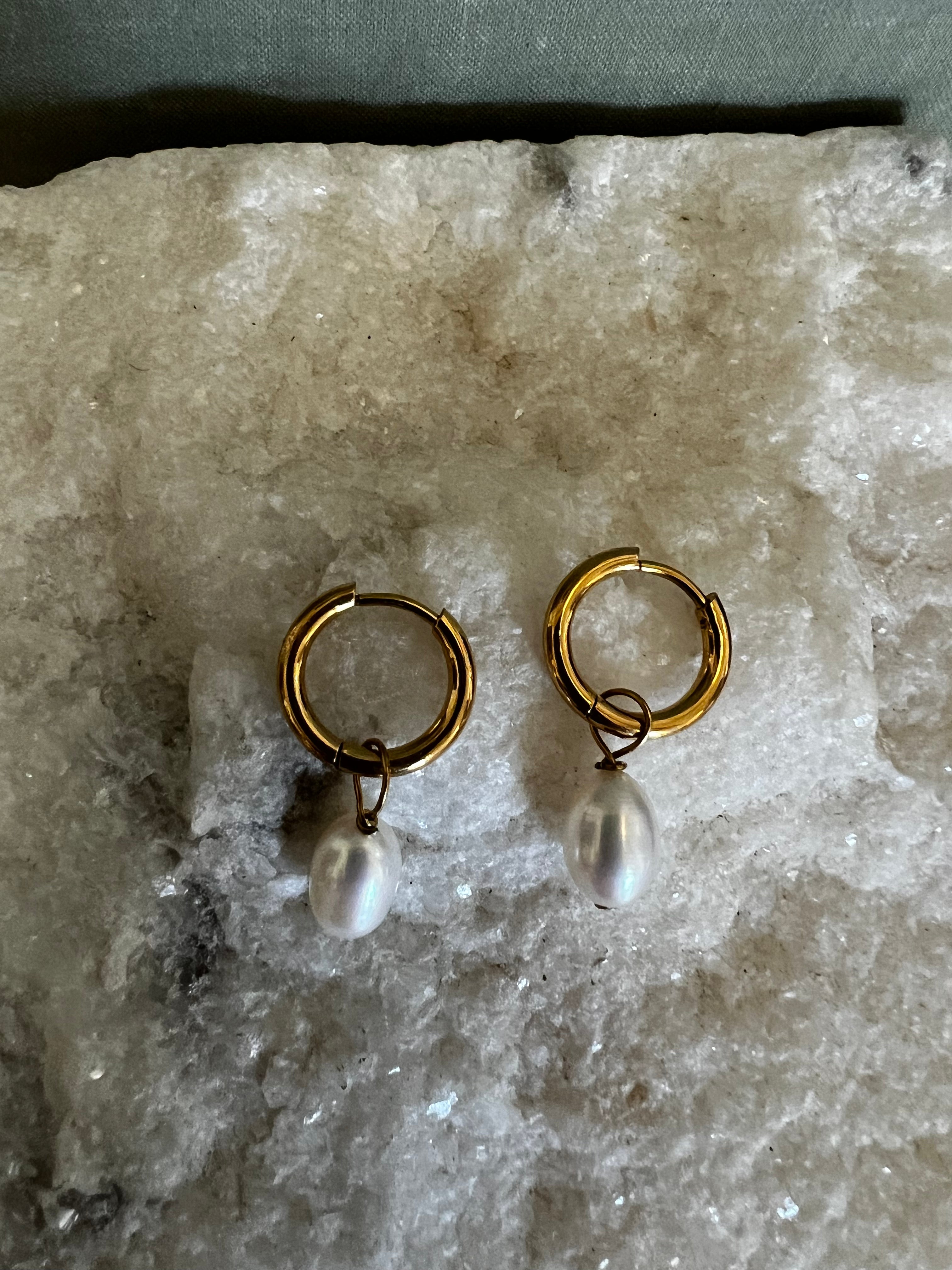 Gold Small White Pearl Drop Huggie A42