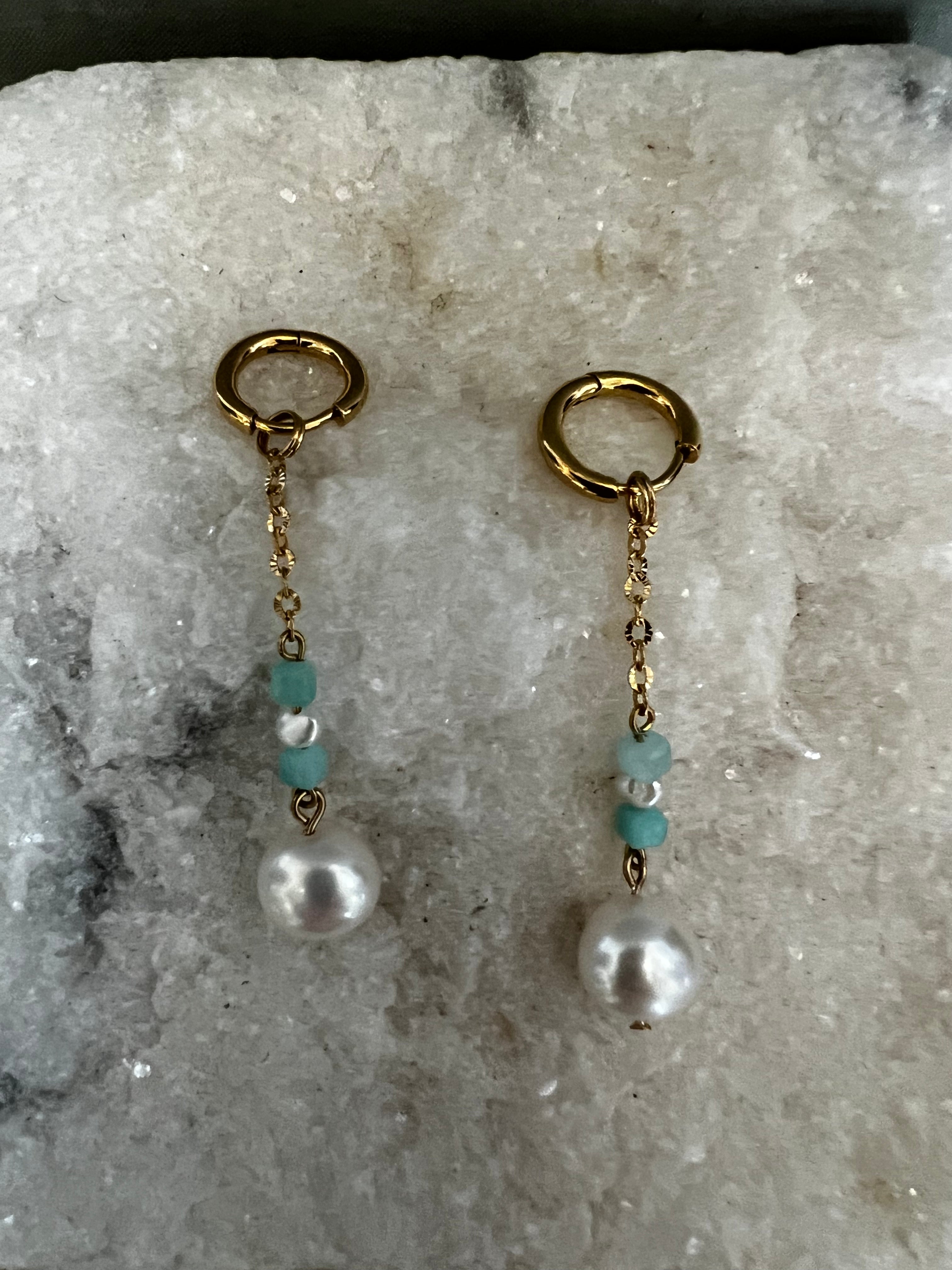 Gold Amazonite Stone White Pearl Drop Huggie A43