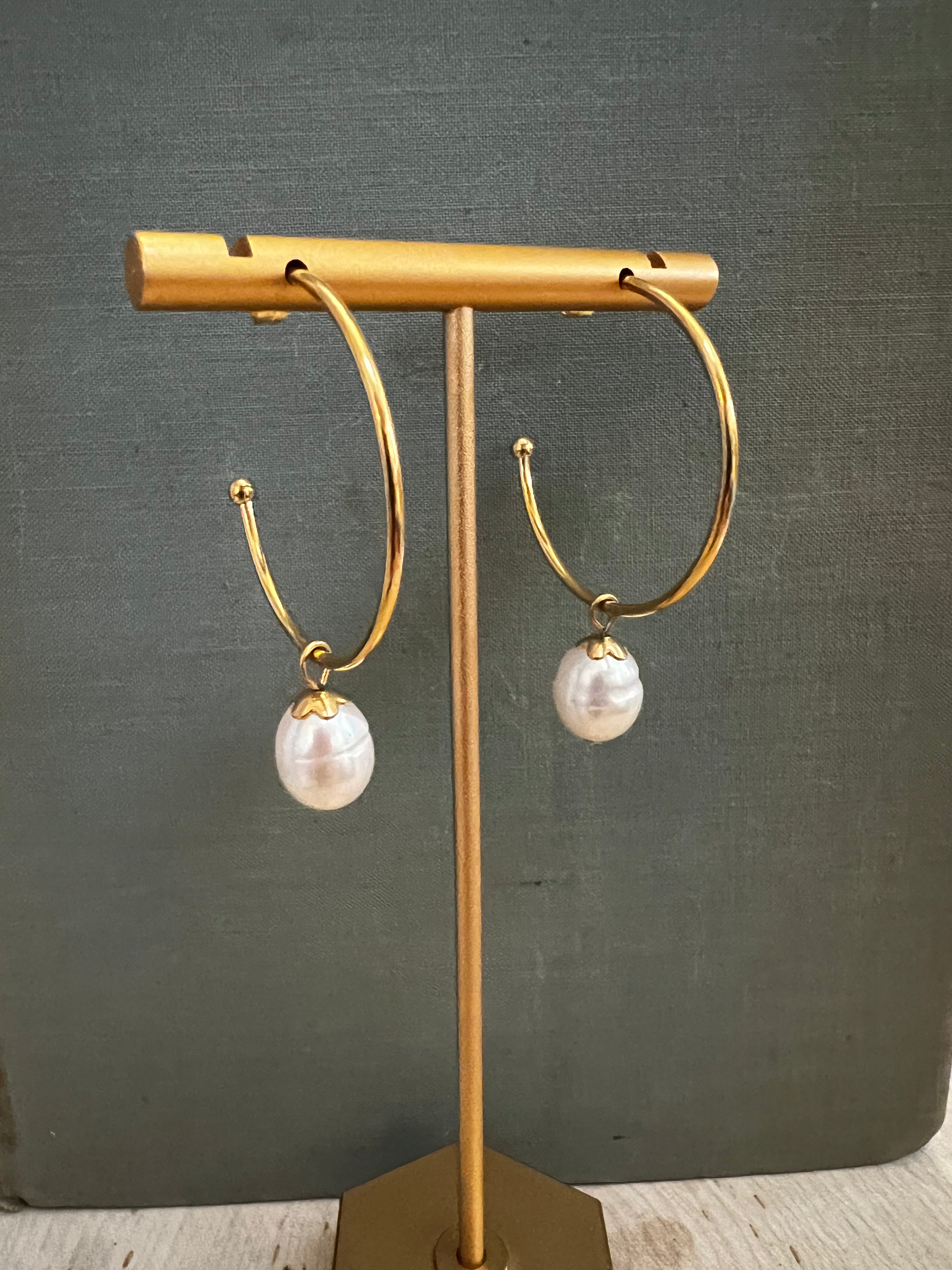 Gold Drop Pearl Stud Hoops A47