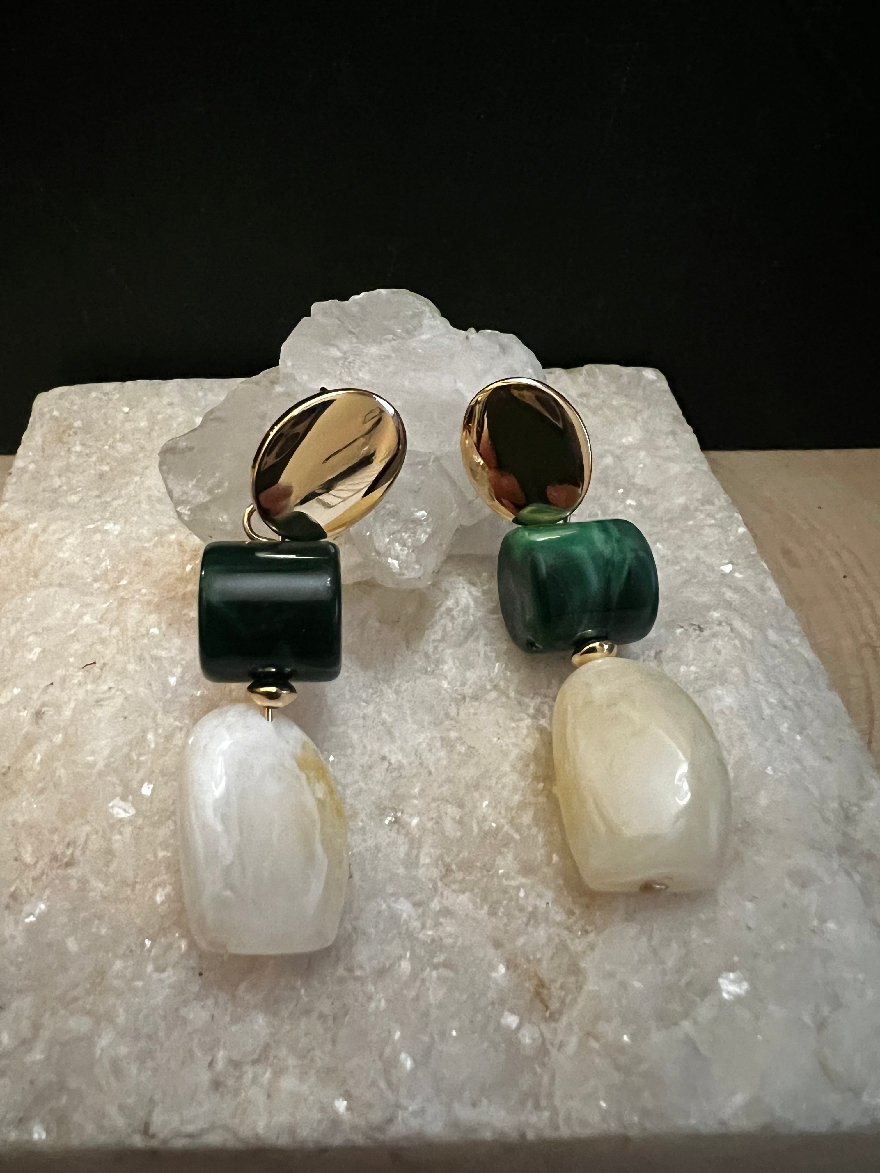 Green & Cream Stone Drop Earrings