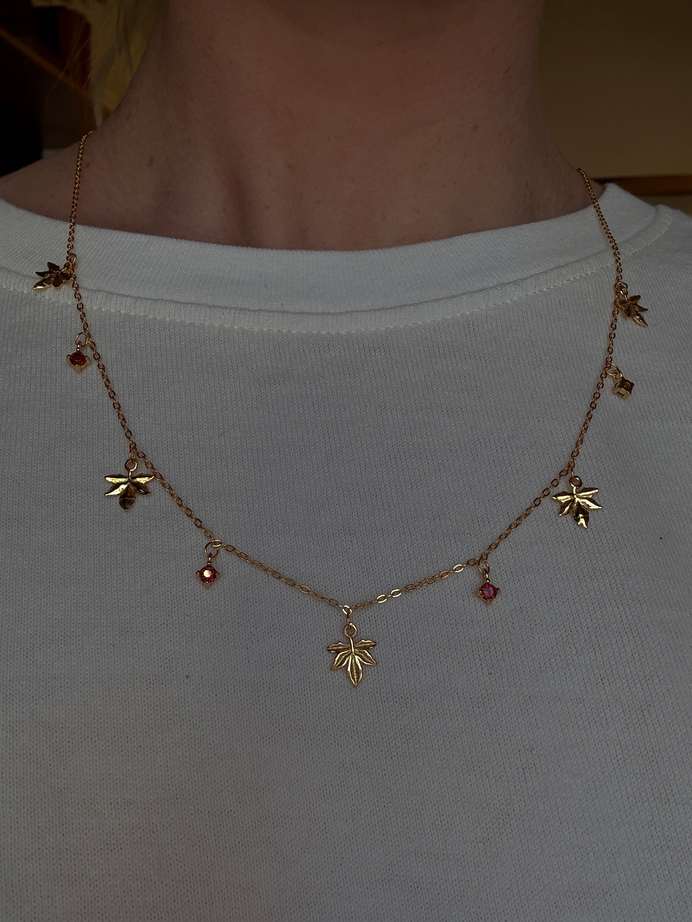 Gold & Garnet Fall Leaf Necklace A54