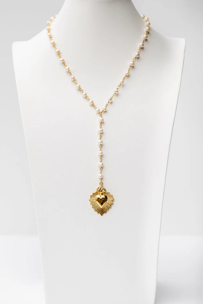 Gold Pearl Corazon Sagrado Necklace