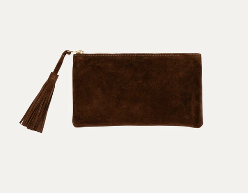 Chocolate Suede Fringe Clutch