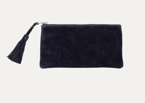 Navy Suede Fringe Clutch