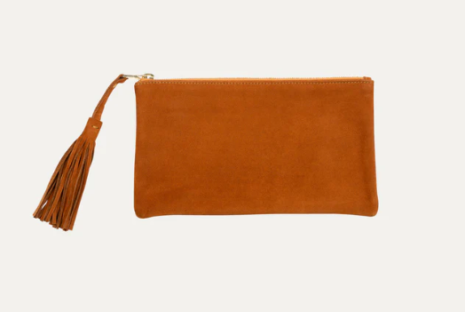 Cognac Nubuck Fringe Clutch