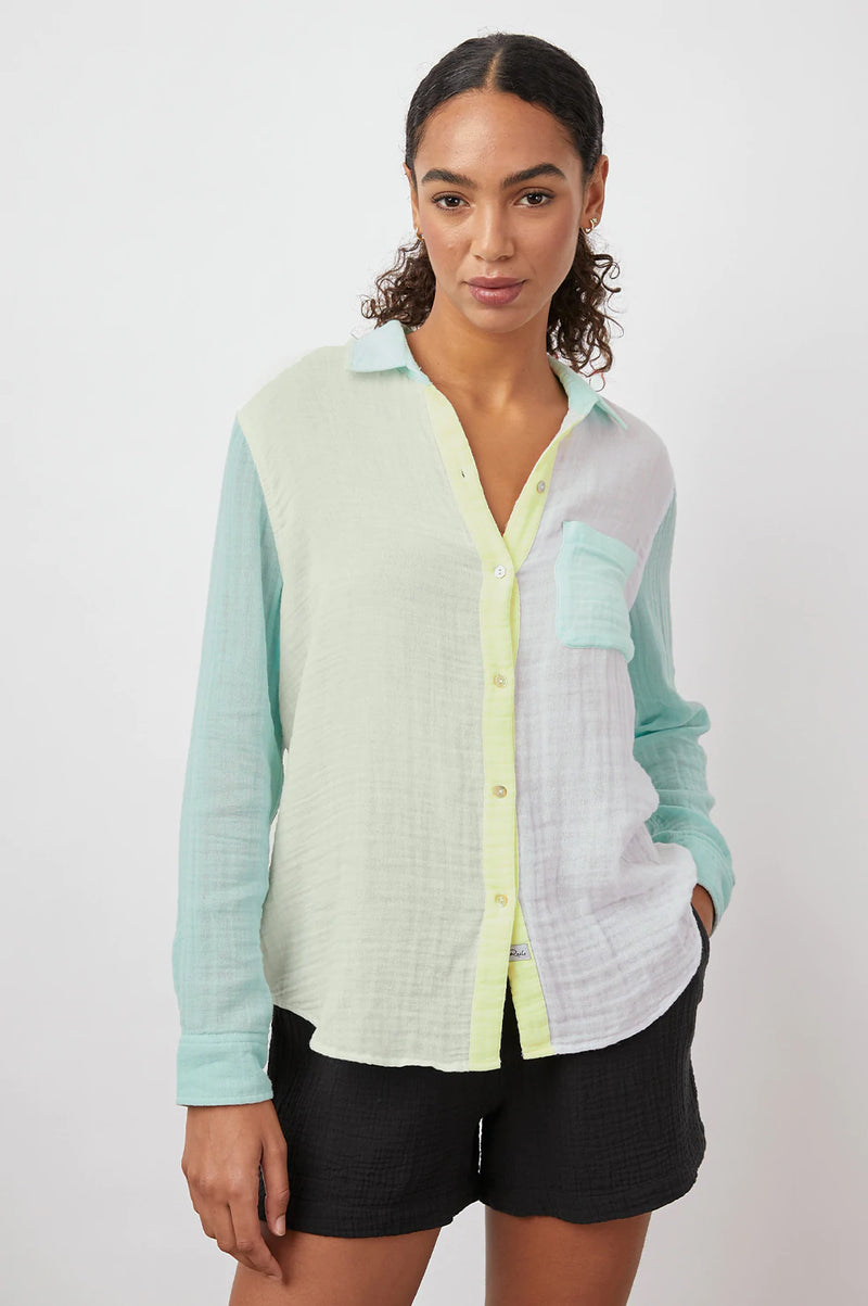 Mint colorblock top that buttons down with a collar by Rails