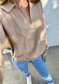 Cotton Blend Sweater Polo Camel