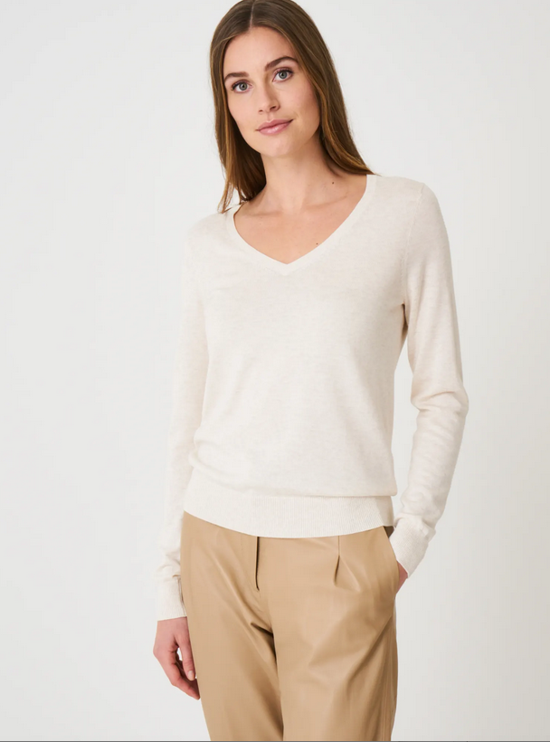 Cotton Blend V Neck Ivory