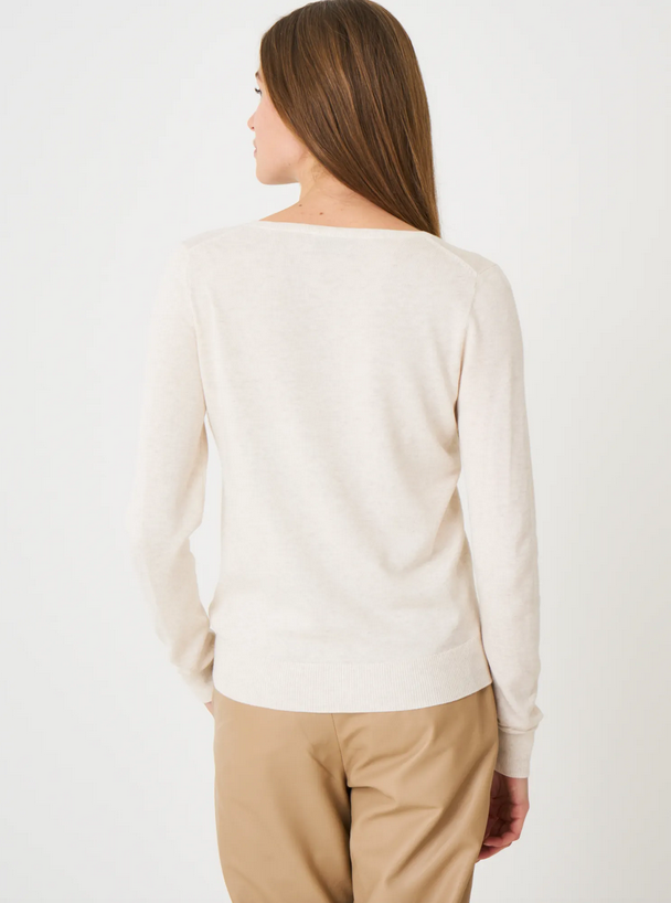 Cotton Blend V Neck Ivory